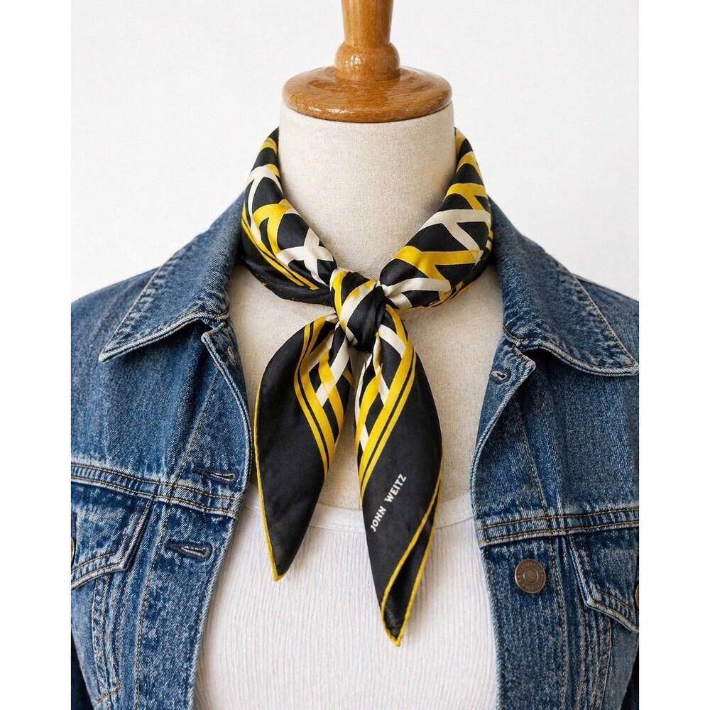 Vintage John Weitz Silk Scarf Black Yellow Geometric Neckerchief Bandana 19”